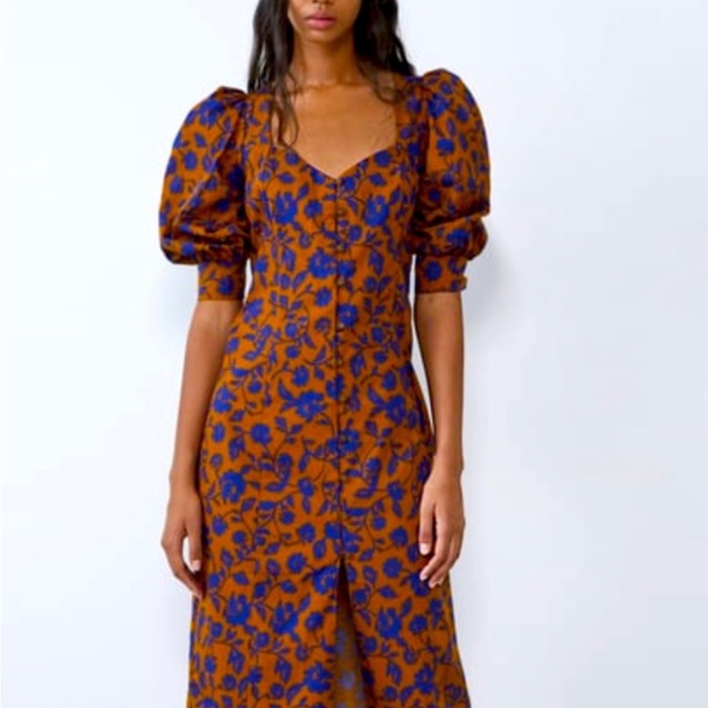 Zara Brown + Blue | printed floral dress poplin | size XS